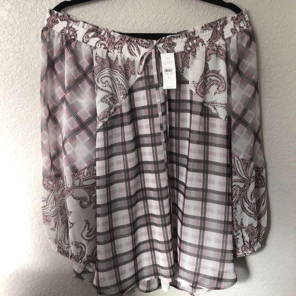 NWT M LOFT Off the Shoulder Plaid Blouse